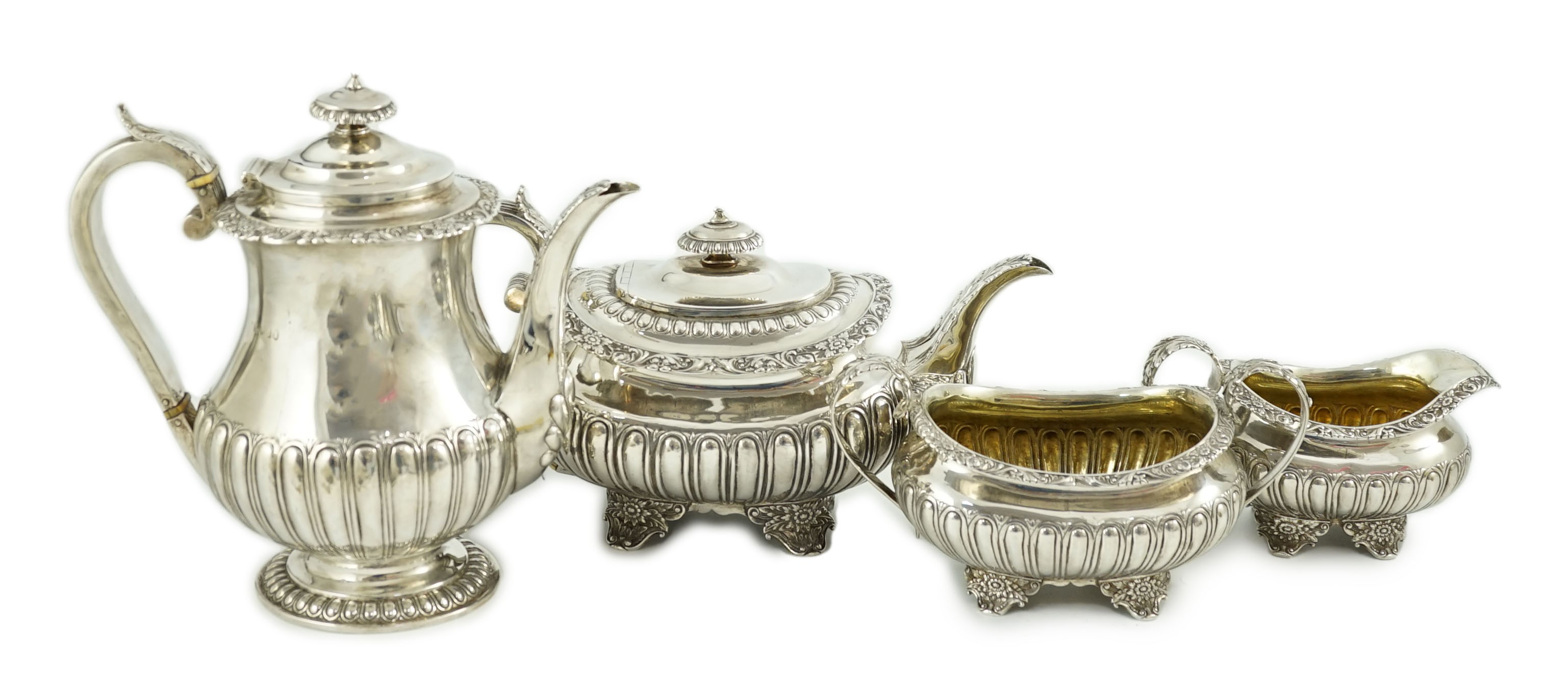 A George IV four piece demi fluted silver tea and coffee service, by Joseph Angell I